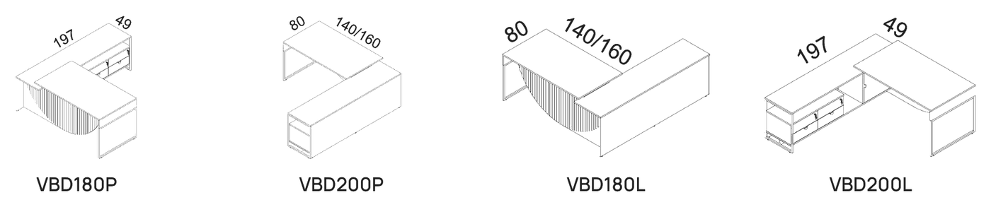 Schematy biurek Vianno z dostawką: VBD180P, VBD200P, VBD180L, VBD200L