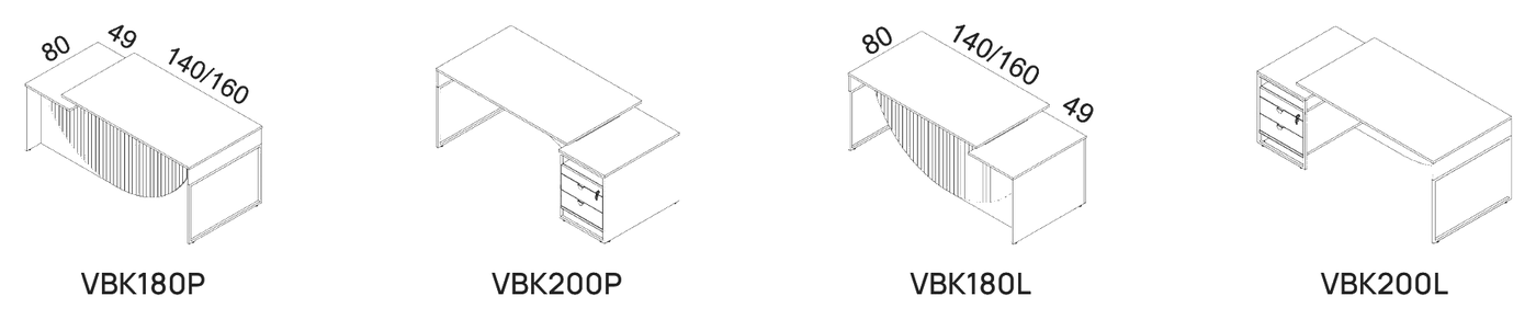 Schematy biurek Vianno z kontenerkiem: VBK180P, VBK200P, VBK180L, VBK200L