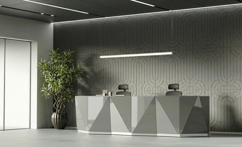 lada recepcyjna Alpa z szarymi panelami akustycznymi