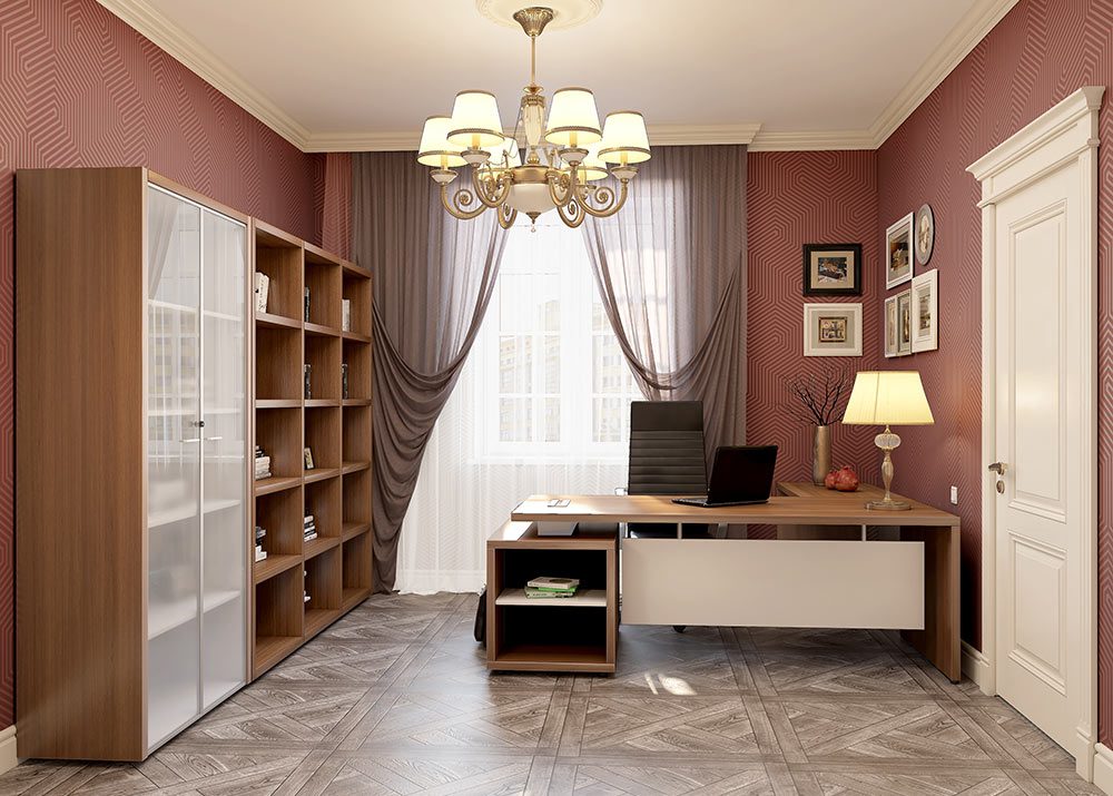 Domowy gabinet Brera 2.0 z biblioteką i przeszkloną witryną