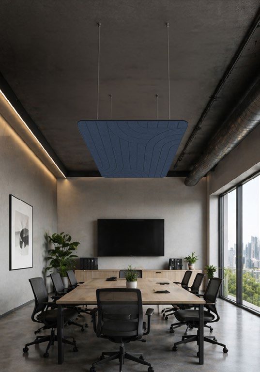 Wizualizacja — sala konferencyjna z wyspą akustyczną NexFelt INTERLACE na ścianie