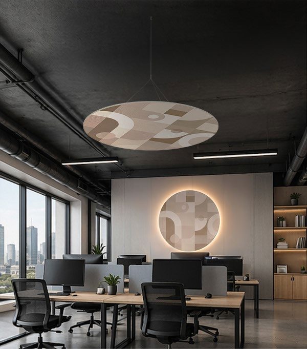 Wizualizacja — biuro open space z wyspą akustyczną NexFelt MOSAIC na ścianie