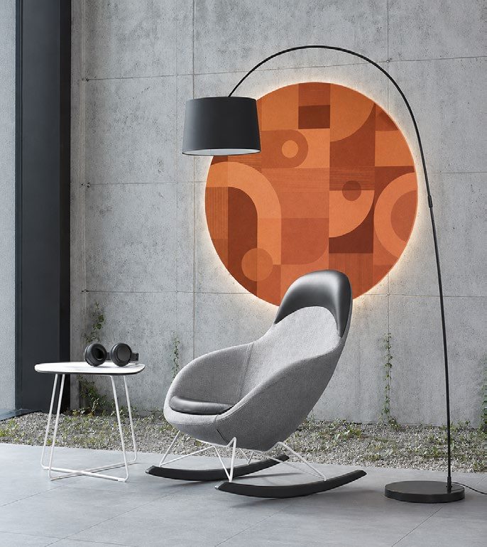 Wzór MOSAIC — graficzny nadruk mozaiki w stylu bauhaus na wyspie akustycznej NexFelt